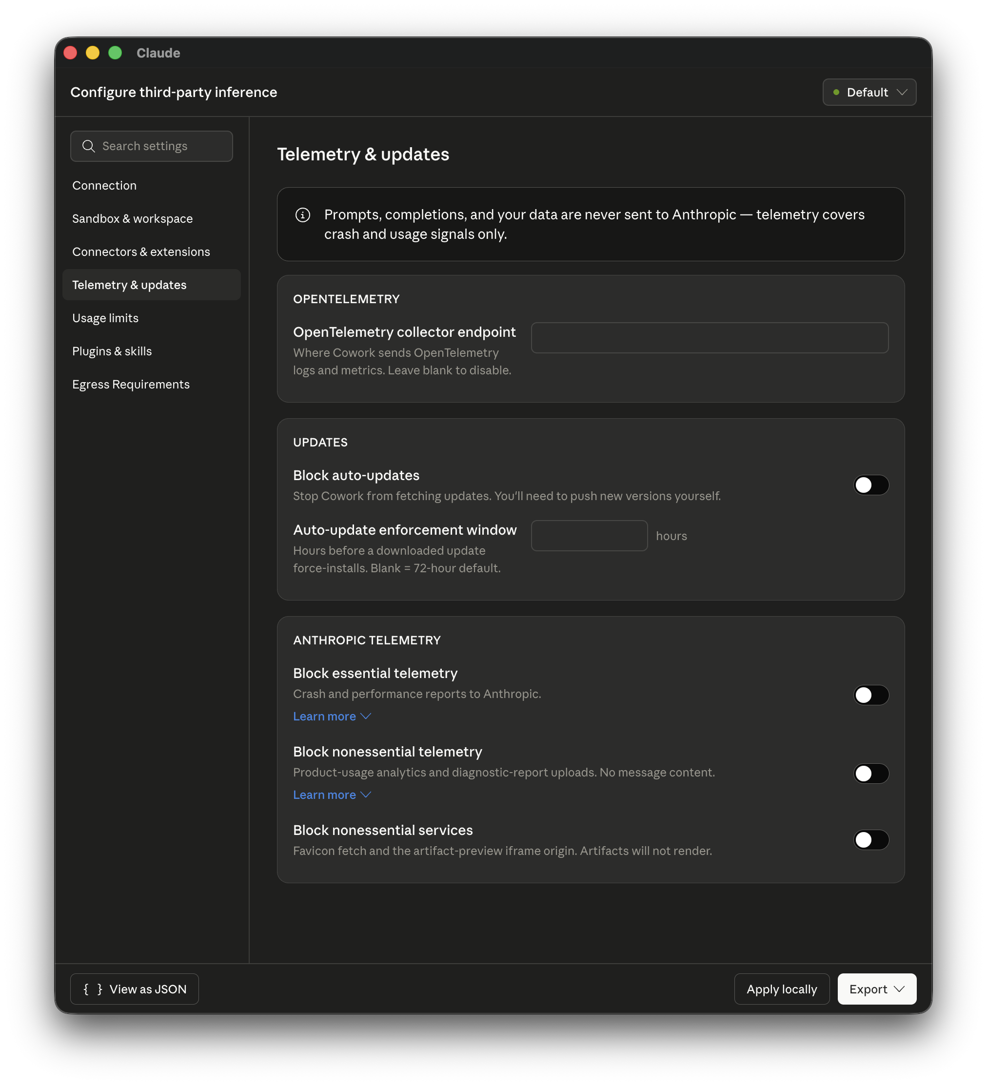 Admin telemetry controls in Cowork on third-party gateway