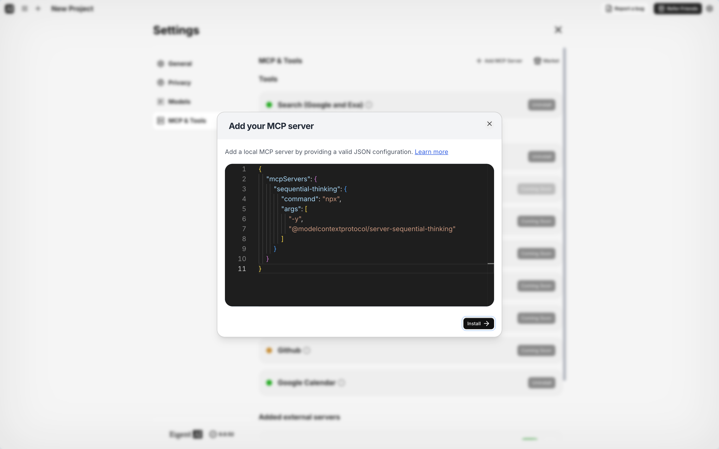 Add a custom MCP server by pasting the JSON configuration