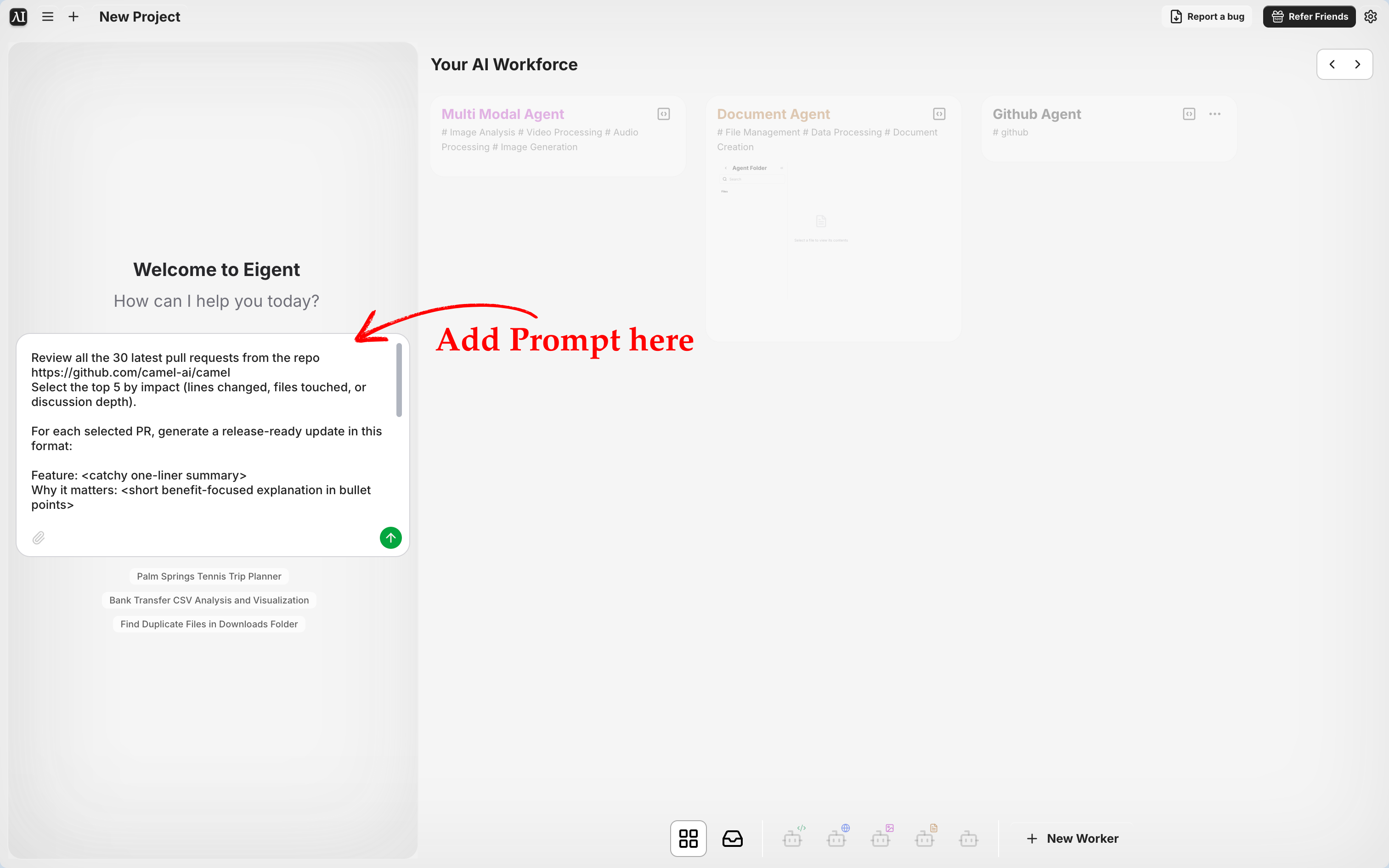 Enter your prompt in Eigent to summarize GitHub pull requests