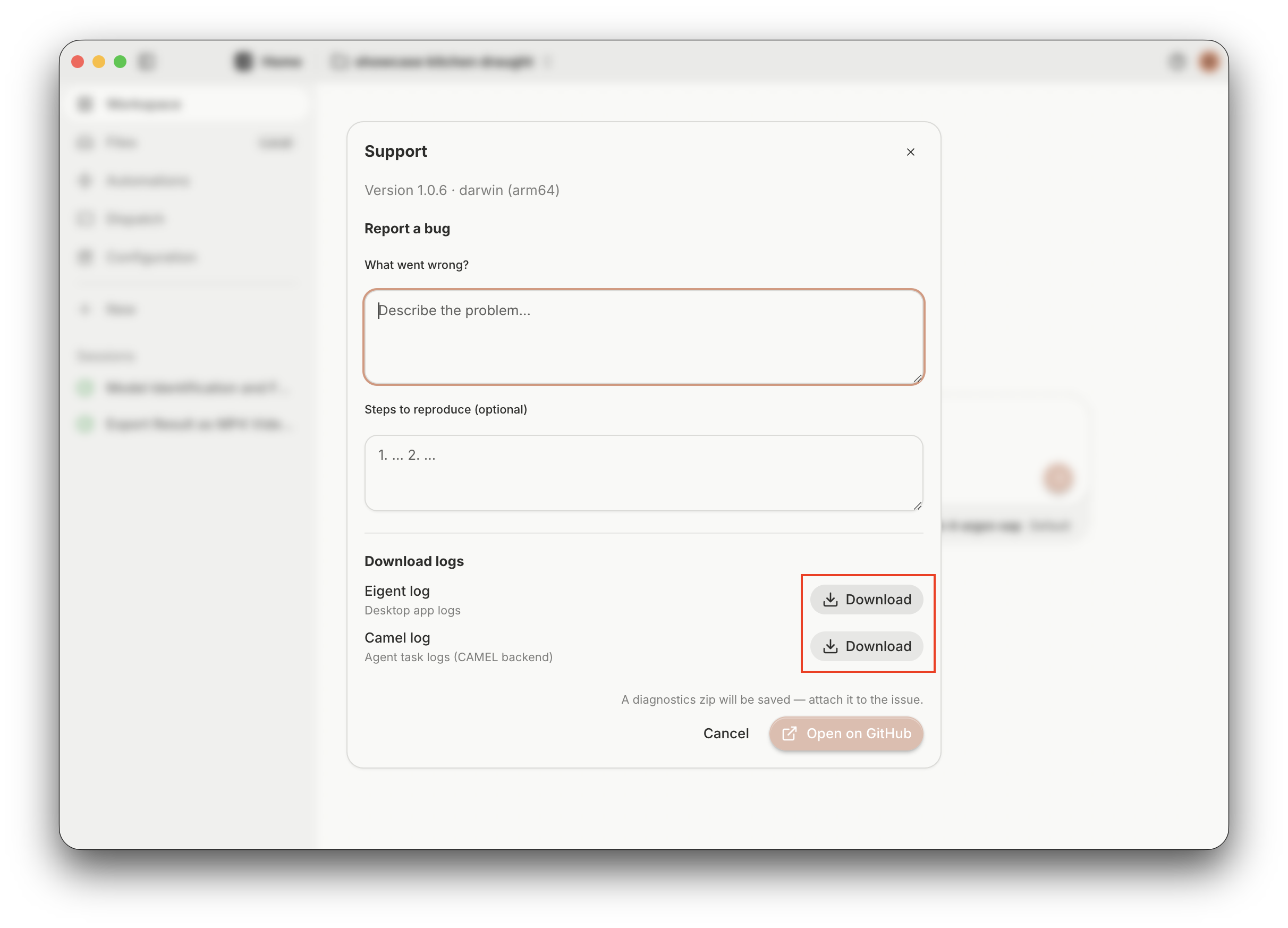 The Support window with the Download buttons for Eigent log and Camel log highlighted