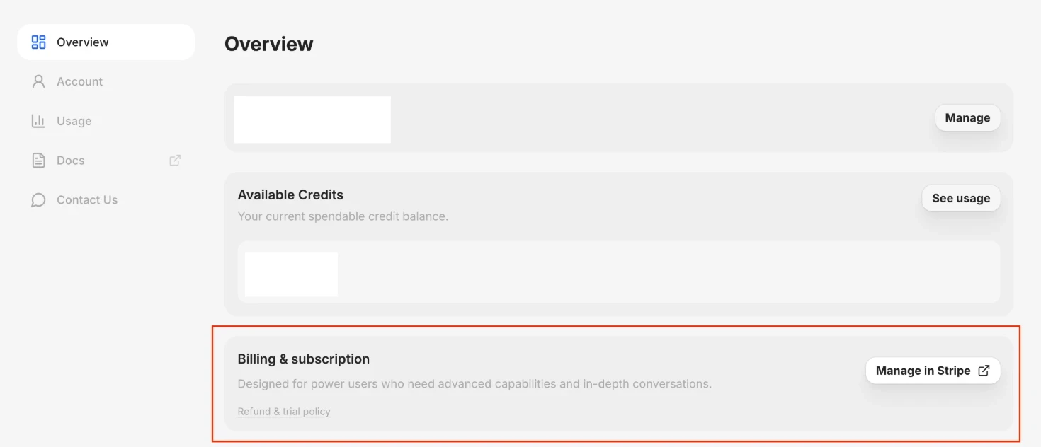 The Overview page in Eigent account settings, with the Manage in Stripe button highlighted in the Billing & subscription card