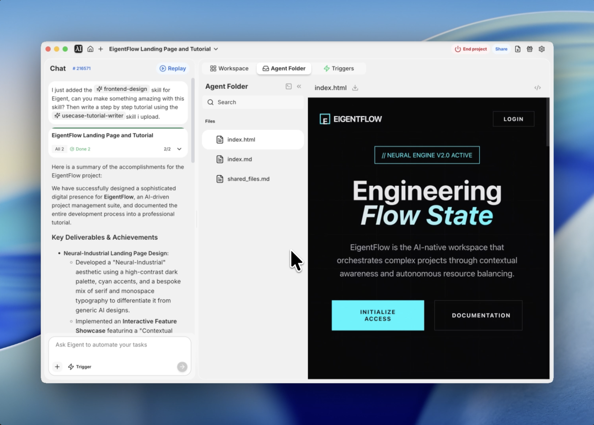 Building a Neural Industrial Landing Page with Eigent