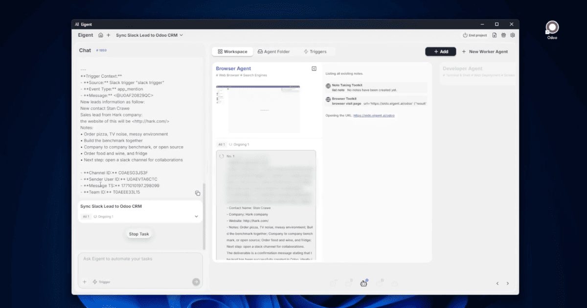 Auto-Sync Slack Messages to Odoo CRM Using Eigent Triggers